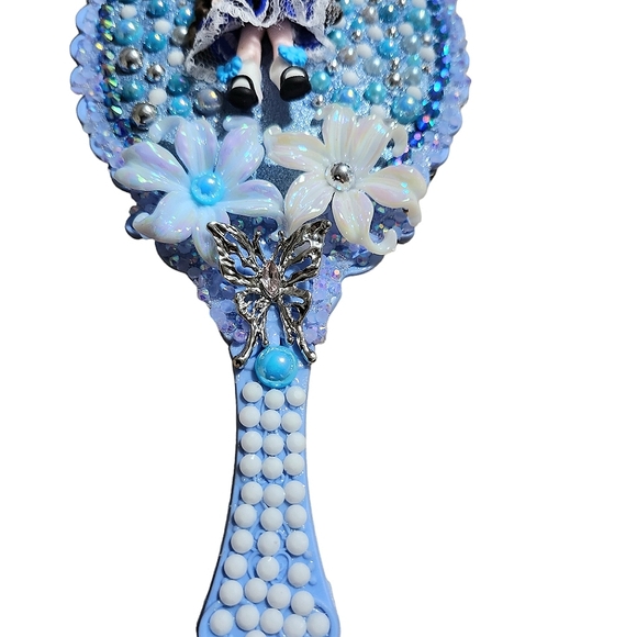 Handheld Makeup Mirror Bling Embellished Custom Decorated Blue - Picture 4 of 5